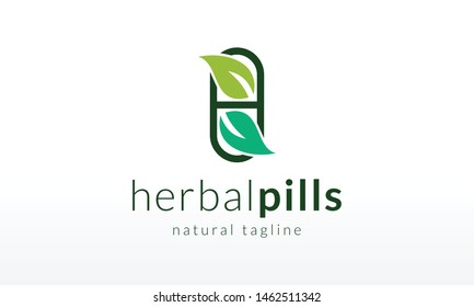 Natural Drug Herbal Pills Medicine Logo Design Vector Icon Symbol Illustration.