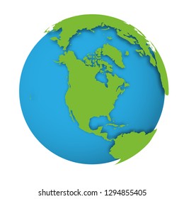 Natural Earth globe. 3D world map with green lands dropping shadows on blue seas and oceans. Vector illustration.