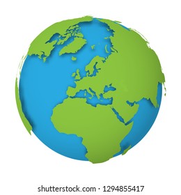Natural Earth globe. 3D world map with green lands dropping shadows on blue seas and oceans. Vector illustration.