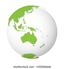 Natural Earth globe. 3D world map with green lands dropping shadows on white globe. Vector illustration.