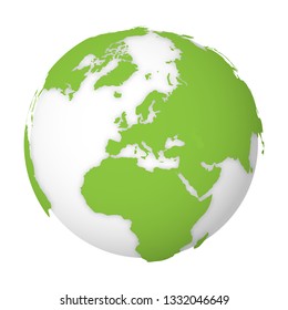 Natural Earth globe. 3D world map with green lands dropping shadows on white globe. Vector illustration.