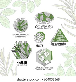 Natural, eco cosmetics logo set with hand drawn, sketch style leaves and flowers, vector illustration on white background. Round, hexagon and triangular logos with hand drawn leaves and flowers