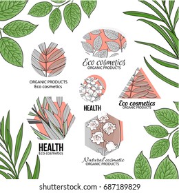 Natural, eco cosmetics orange logo set with hand drawn, sketch style leaves and flowers, vector illustration on white background.