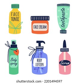 Juego de iconos vectoriales ecológicos naturales. Tónico facial, crema, dentífrico, pulverización corporal, loción, suero. Frascos con producto de belleza para el cuidado de la piel, hidratantes. Pieza plana para spa, logotipo. Aislado sobre blanco