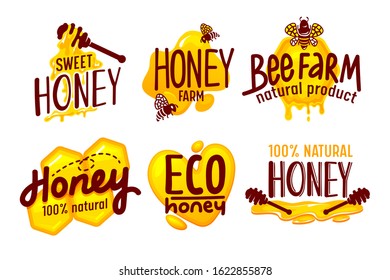 Natural and Eco Farm Honey Packaging Labels and Tags Set Isolated on White Background. Logo and Packaging Design Templates with Typography in Trendy Style, Sweet Food. Cartoon Vector Illustration