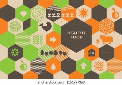 Natural Eco Food Icons In Grid System For Background, Packing, Header. Stock Vector Illustration