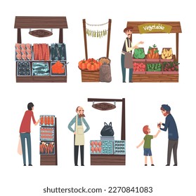 Natural eco products at street market stalls and set. People selling and buying vegetables and seafood at outdoor local fair, farmers market cartoon vector