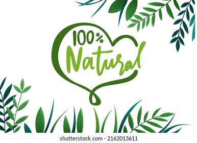 Concepto de producto natural, ecológico, orgánico y saludable. Protección ambiental, cuidado de la naturaleza. Icono de color verde de texto escrito a mano. Diseño del logo de la naturaleza pura. Signo abstracto verde con hojas y letras