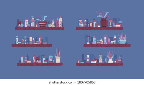 Natural eco-friendly skincare cosmetics vector cartoon illustration.  Lotions for body, shampoos for hair, creams for face on shelves in cosmetic shop. Flowers in pots. Flat design concept