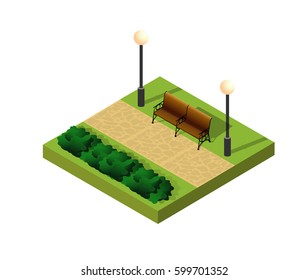 Natural ecological landscape isometric icon. City  sign of town infrastructure trees, lawns, garden paths and benches