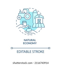 Natural economy turquoise concept icon. Domestic products exchange. Economy models abstract idea thin line illustration. Isolated outline drawing. Editable stroke. Arial, Myriad Pro-Bold fonts used