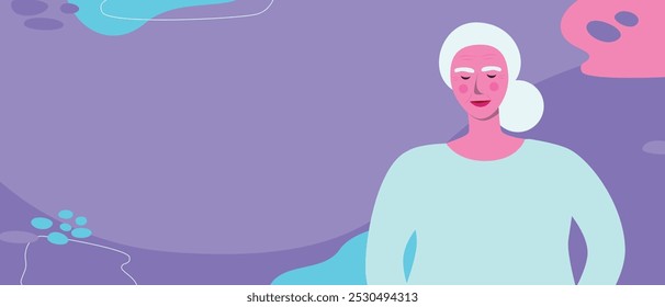 Natural elderly woman, premium flat vector stock illustration as perfect imperfection concept with place for text for design