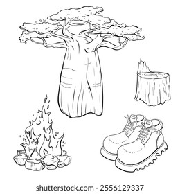 The Natural Elements include components such as Tree, Fire, Footwear, and Environment. Vector sketch illustration. Tourism