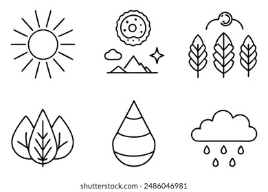 Natural Elements Line Art Volcanic Eruptions and Waterfalls