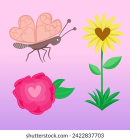 Natural elements on Valentine's Day. A butterfly, a sunflower and a rose with heart-shaped parts.