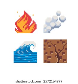 Natural Elements Pixel Art Icons Set, Earth, Water, Air, Fire, sign, isolated vector illustration. Design for web site, app, sticker. Waves, ground, smoke and flame. Game assets.