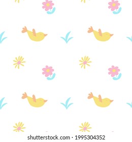 Natural elements seamless pattern. Delicate pastel colors. Leaves, flowers and birds. Childish illustration. Vector in flat style. Suitable for textiles and packaging.