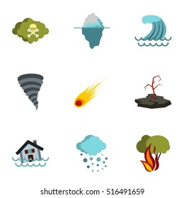 Natural emergency icons set. Flat illustration of 9 natural emergency vector icons for web