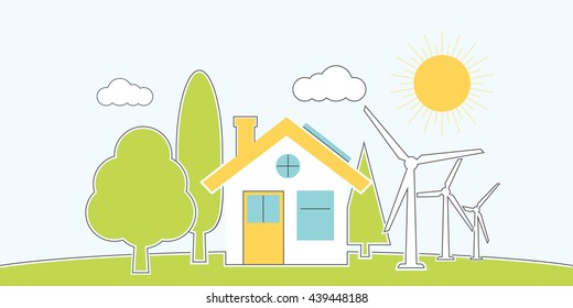 Natural energy. House alternative energy. environmental conservation concept. Banner eco energy. Vector illustration, flat minimalistic design line style. Protection ecology innovative technology.