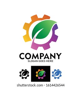 natural energy industry logo. gears, wheel logos with leaves. symbol of environmentally friendly and bio energy