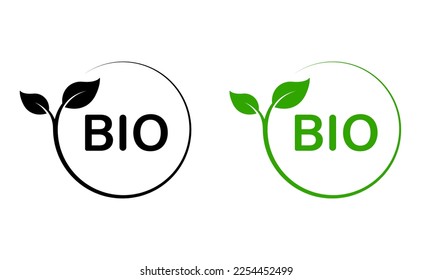 Natural Environment Bio Emblem. Bio Green Plant Stamp. Eco Friendly, Healthy Vegetarian Food Product Organic Leaf Symbol. Ecological Vegan Plant Circle Sticker. Isolated Vector Illustration.