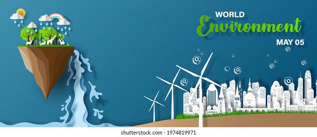 Natural environment with cityscape, O2 bubbles and wind turbine in paper cut style on wording of Environment day, and blue paper pattern background.