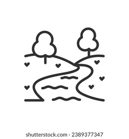 Natural Environment, linear icon. River and trees. Line with editable stroke