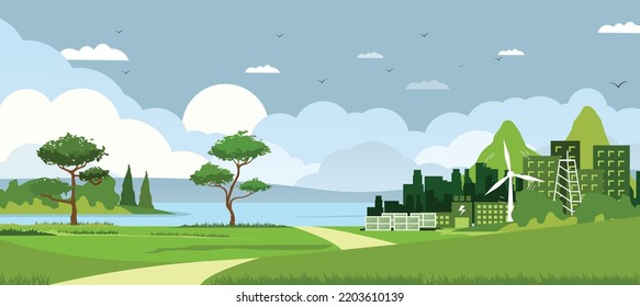 natural environment scenery background Along the lake with a path surrounded by nature. cartoon nature vector scene countryside with clear sky in the morning