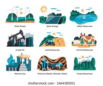 Natural environmental resources set with wind power and solar energy symbols flat isolated vector illustration