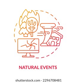 Naturereignisse rotes Farbverlauf-Symbol. Tornados und Wildbrand. Wiederherstellungsprozess. Disaster Type abstrakte Idee dünne Linie Illustration. Einzeln Umrisszeichnung. Myriad Pro-Fett-Schriftart verwendet