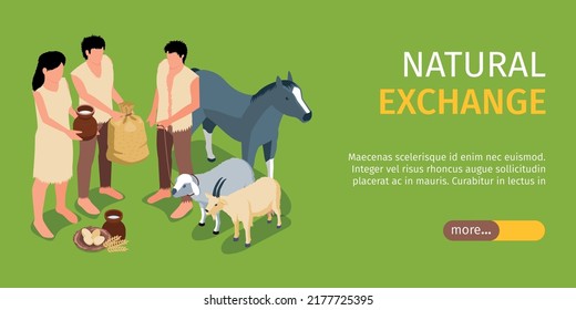 Natural Exchange Horizontal Banner With People Exchanging Foodstuffs Obtained With Their Own Hands Isometric Vector Illustration