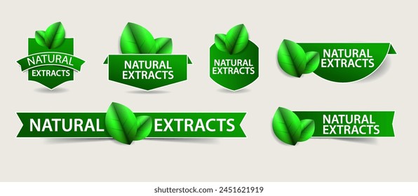 Natural Extracts label sticker badge Vector Set with green leaf.