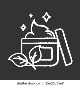 Natural face cream jar chalk icon. Skincare product. Paraben, chemical free. Facial moisturizing, hydrating lotion. Skin treatment. Organic cosmetics. Isolated vector chalkboard illustration