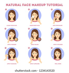 Natural Face Makeup Tutorial For Woman. Applying Powder And Concealer On Skin. Daily Routine Of Face Contouring. Guide For Perfect Make Up. Isolated Vector Flat Illustration