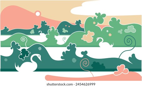Natural fantasy landscape with three swans
