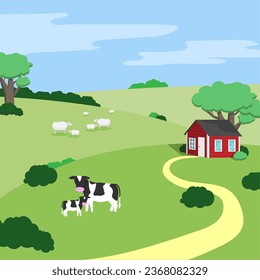 Natural farm with animals. Farm with cows and sheep. Rural farm, flat design. Eco-farm with animals. Summer landscape