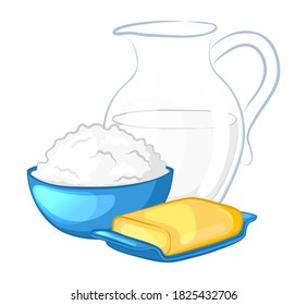 Natural farm dairy products. Isolated on white background. Cartoon style. Vector illustration.