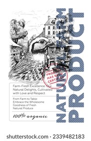 Natural farm fresh product poster. Vintage sketch quail on village market background. Poultry meats or eggs shop retro print. Butchery label creative typography template. Etching drawing eps artwork