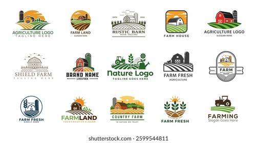 Natural Farm Logo Design. Unique logo icons set for organic farming. Vector inspiration.