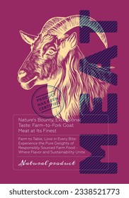 Natural farm meat shop poster. Vintage sketch goat head on colored background. Butcher market retro print. Butchery label creative typography design. Domestic product placard. Etching drawing artwork