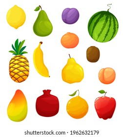 Natural farm, orchard ripe fruits set. Lemon, pear and plume, watermelon, orange and pineapple, banana, kiwifruit and peach, mango, pomegranate and apple, quince, grapefruit cartoon fruits