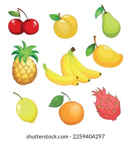 Natural farm, orchard ripe fruits set. Lemon, pear and plume, watermelon, orange and pineapple, banana, kiwifruit and peach, mango, pomegranate and apple, quince, grapefruit cartoon fruits