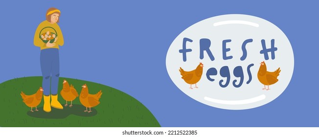 Natural Farm Product Ad Banner In Flat Style. Free Range Chicken And Fresh Eggs. Friends Not Food. No Cruelty Concept. Landscape Poster. Horizontal Background. Vector Illustration In Bright Colors