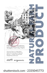 Natural farm product poster. Vintage sketch cow head on village market background. Beef or dairy shop retro print. Butchery or milk label creative typography template. Engraving bull drawing artwork