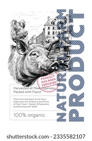 Natural farm product poster. Vintage sketch pig head on village market background. Pork shop retro print. Butchery label creative typography template. Engraving swine drawing artwork. Vector cover