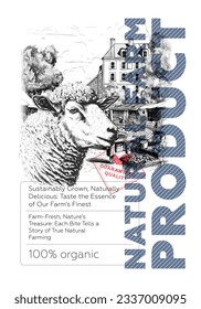 Natural farm product poster. Vintage sketch sheep head on village market background. Lamb shop retro print. Butchery label creative typography template. Engraving ewe drawing artwork. Vector eps cover