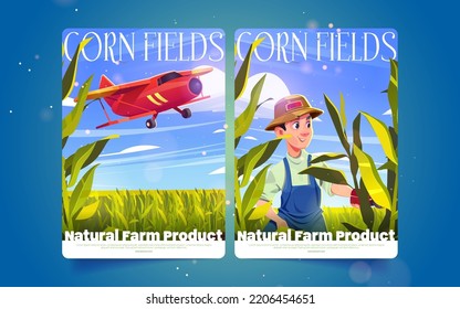 Natural farm products cartoon posters with farmer work on corn field and flying crop duster plane. Agriculture, organic natural farmland production promotion for market or store, Vector illustration