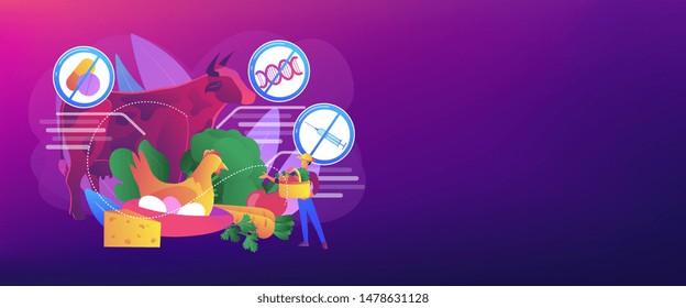 Natural farmers market goods, eco vegetables. Free from antibiotics hormones GMO foods, organic nutrition products, choose healthy foods concept. Header or footer banner template with copy space.