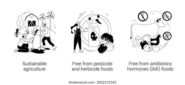 Natural Farming Abstract Concept Vector Illustration Set. Sustainable Agriculture, Free From Pesticide, Herbicide, Antibiotics And Hormones GMO Foods, Organic Farm Market, Watering Abstract Metaphor.