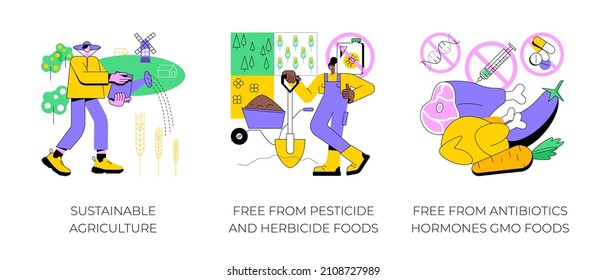 Natural farming abstract concept vector illustration set. Sustainable agriculture, free from pesticide, herbicide, antibiotics and hormones GMO foods, organic farm market, watering abstract metaphor.